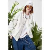 Unisex Jacket Spring and Autumn Casual Jacket Men's and Women's Polo Collar Top Couple's White Unifrom Coat